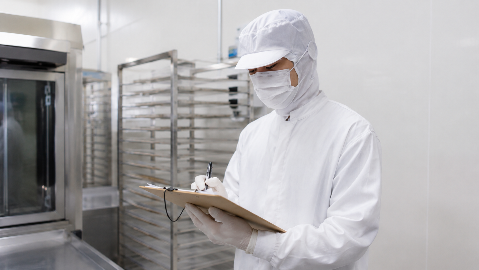 위생복을 착용하고 생산 시설을 점검하는 HACCP 공장 작업자